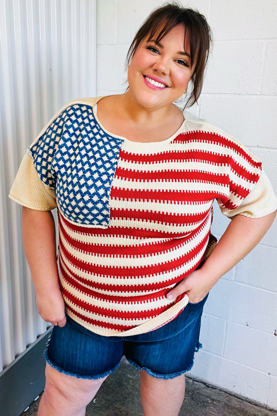 American Flag Jacquard Knit Sweater Top - Luxe Mod 