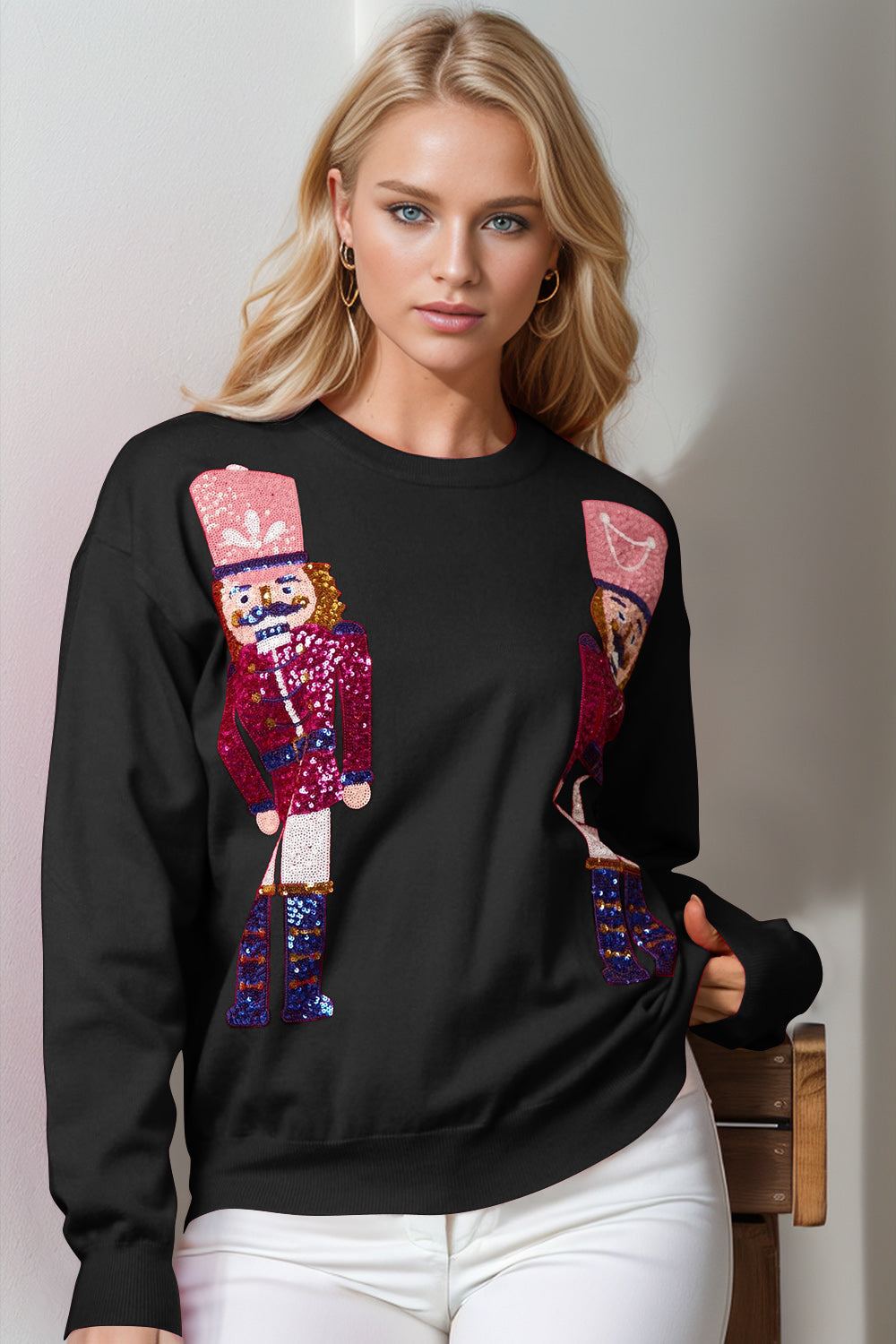 Double Take Full Size Nutcracker Sequin Long Sleeve Sweater - Luxe Mod 