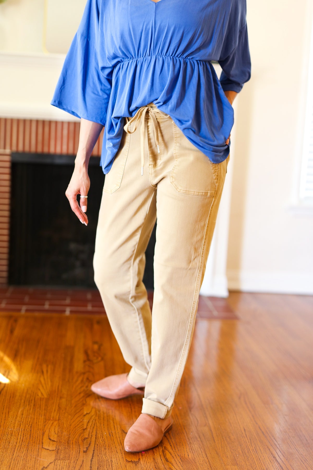 Judy Blue Feeling Femm' Khaki Garment Dyed Drawstring Jogger Jeans - Luxe Mod 