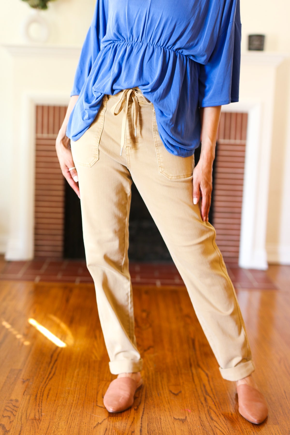 Judy Blue Feeling Femm' Khaki Garment Dyed Drawstring Jogger Jeans - Luxe Mod 