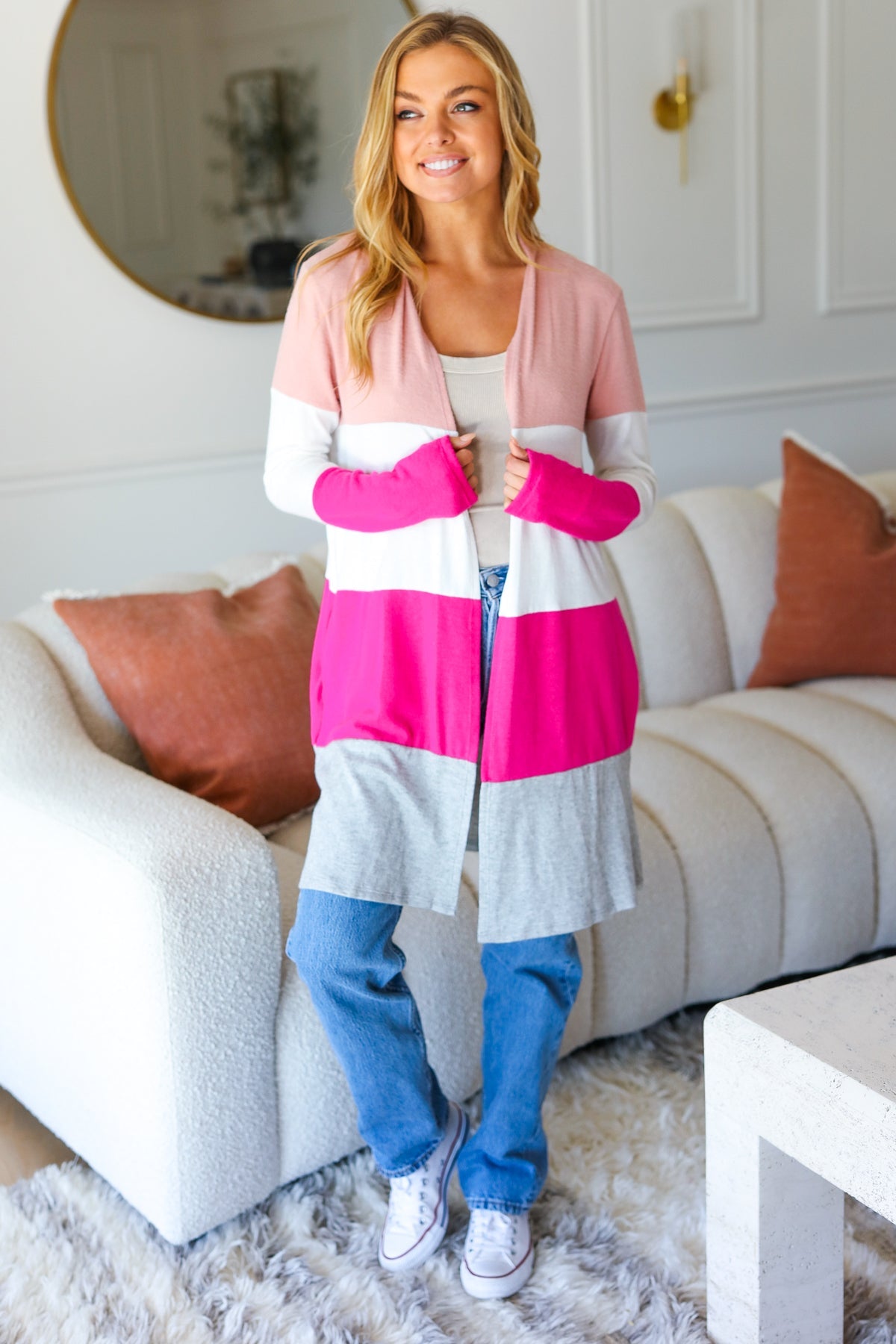 Face The Day Blush Wide Stripe Hacci Colorblock Cardigan - Luxe Mod 