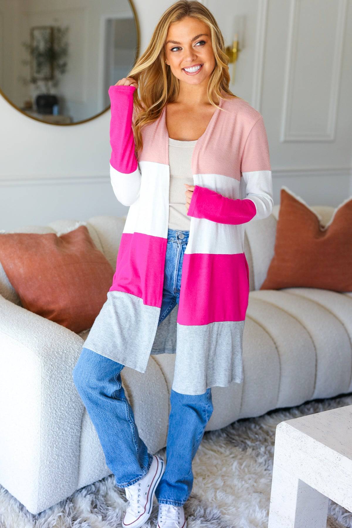 Face The Day Blush Wide Stripe Hacci Colorblock Cardigan - Luxe Mod 