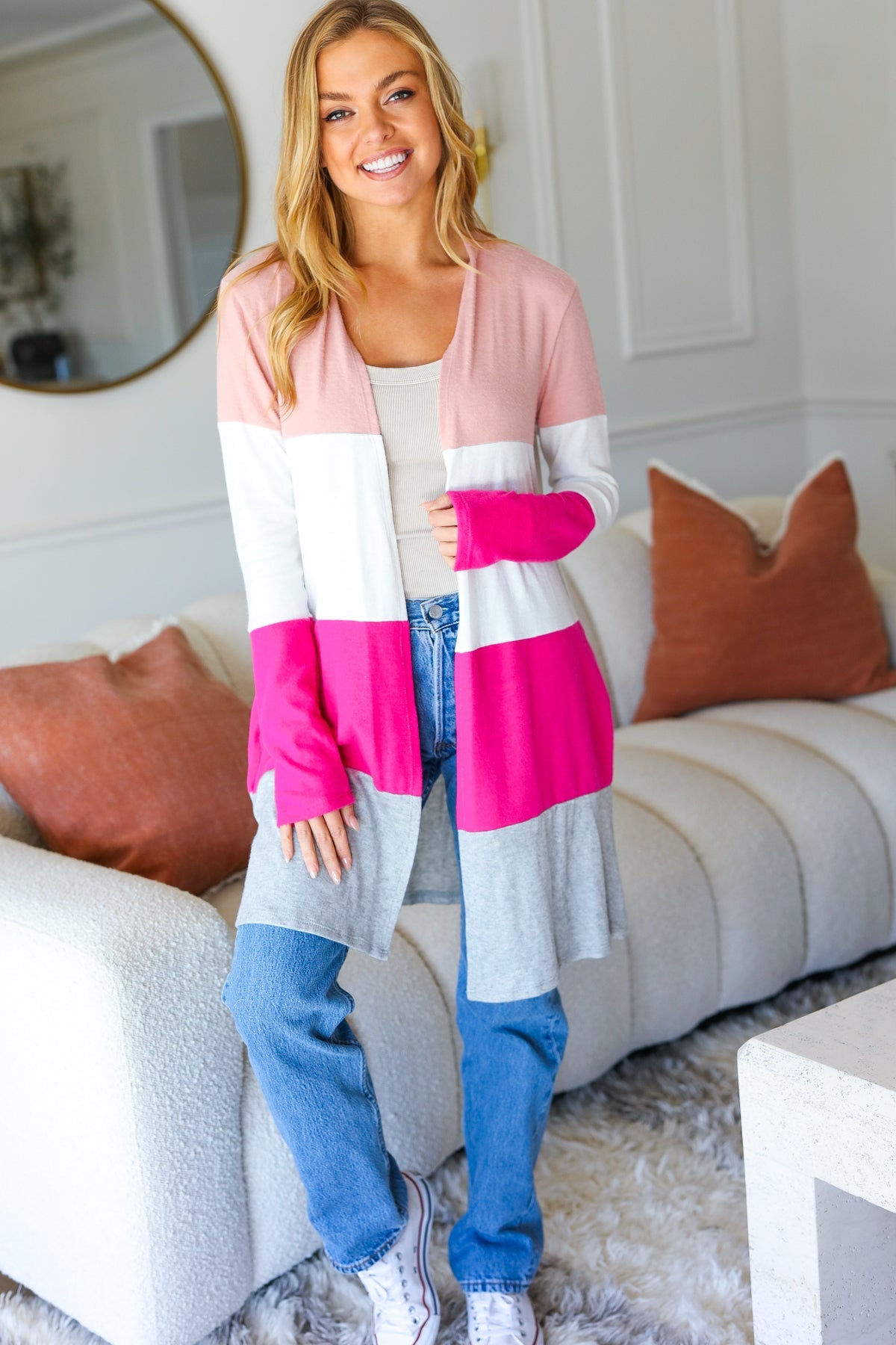 Face The Day Blush Wide Stripe Hacci Colorblock Cardigan - Luxe Mod 