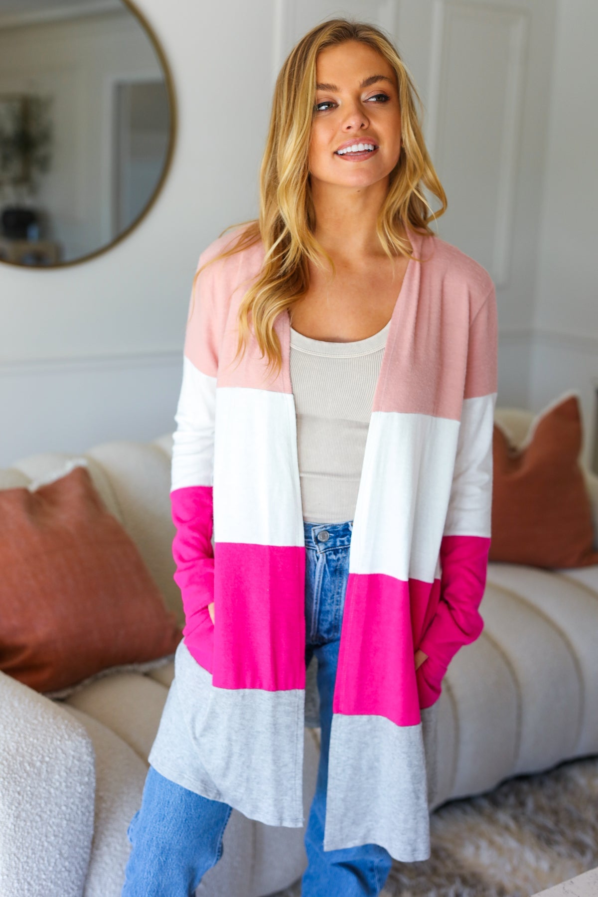 Face The Day Blush Wide Stripe Hacci Colorblock Cardigan - Luxe Mod 