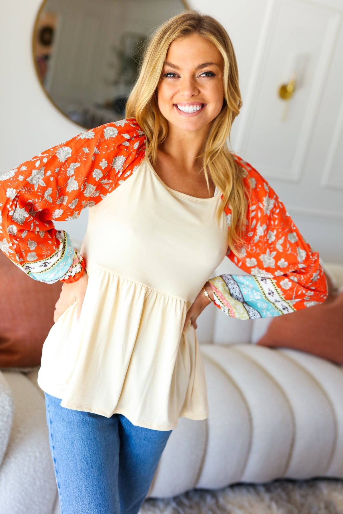 Hello Beautiful Oatmeal & Orange Square Neck Paisley Floral Blouse - Luxe Mod 