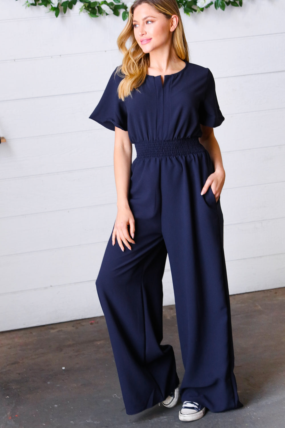 Dark Blue Smocked Waist Notch Neck Crepe Jumpsuit - Luxe Mod 