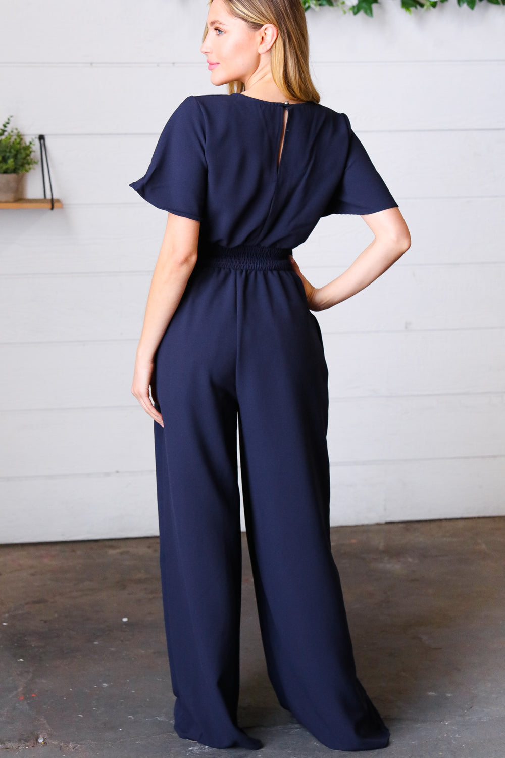 Dark Blue Smocked Waist Notch Neck Crepe Jumpsuit - Luxe Mod 