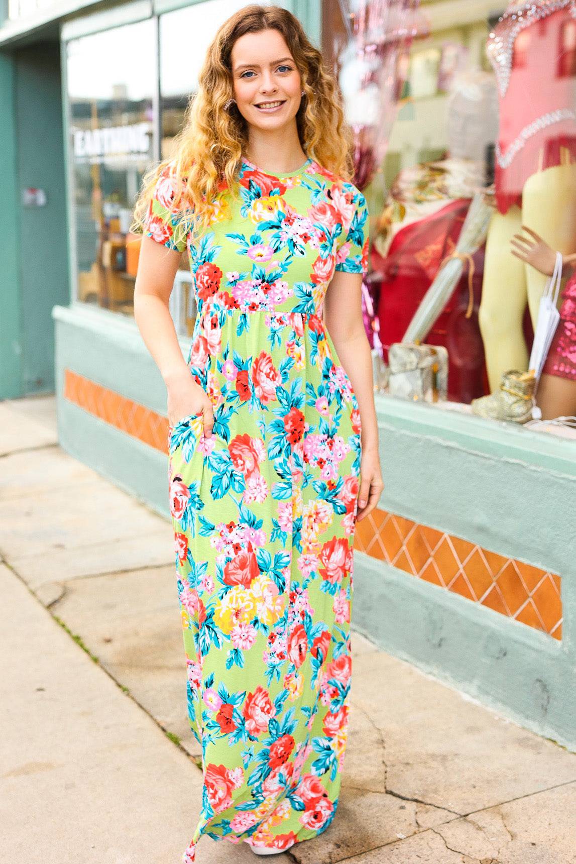 Diva Dreams Lime Floral Print Fit & Flare Maxi Dress - Luxe Mod 