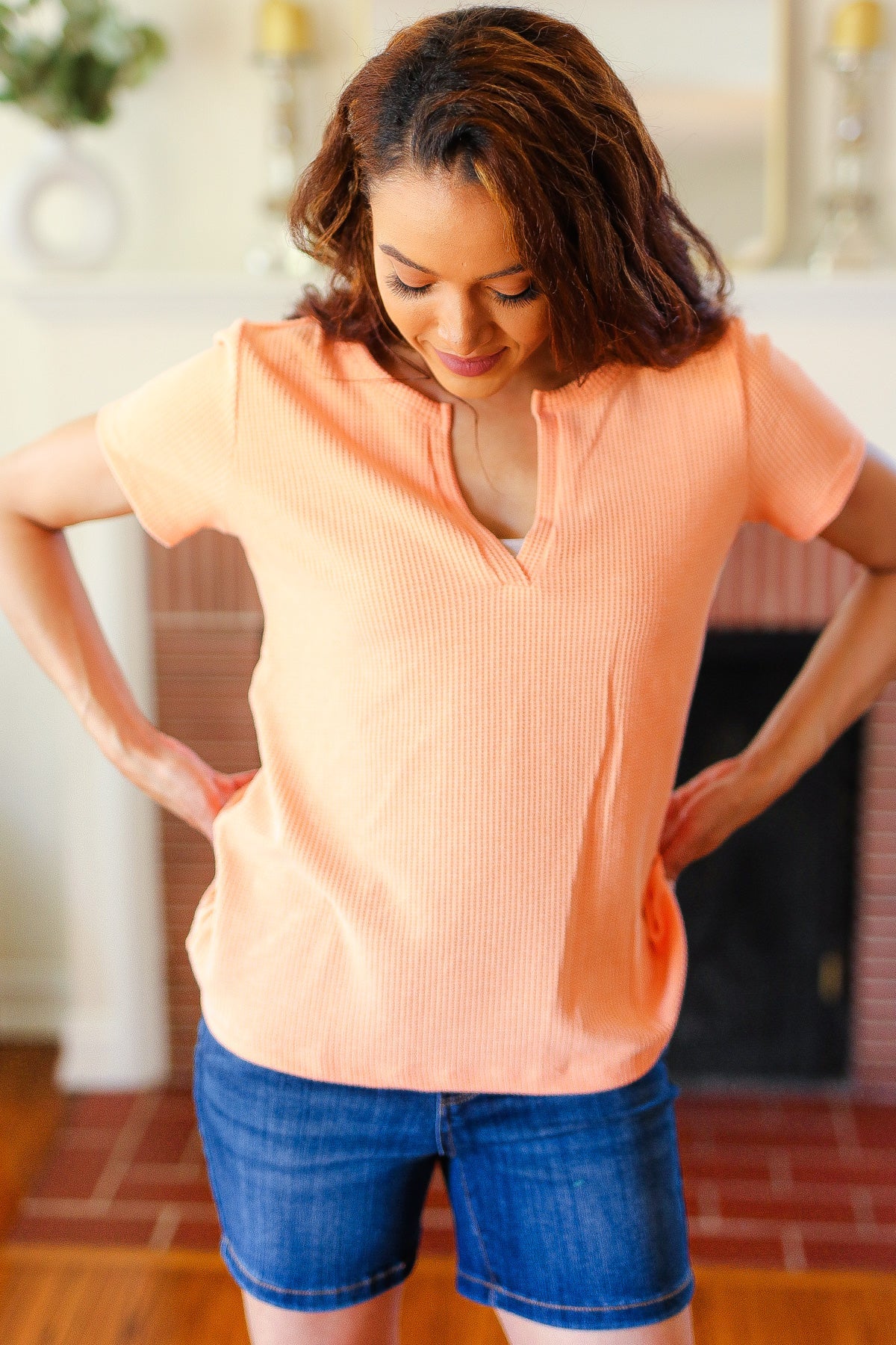 Feel Your Best Coral Baby Waffle Henley Neckline Top - Luxe Mod 