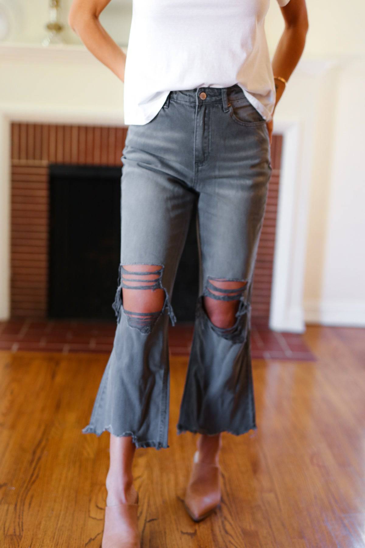 Cut Loose Ash Black High Rise Washed Distressed Cropped Pants - Luxe Mod 