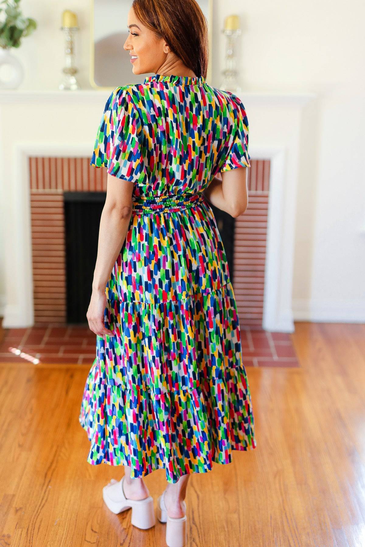 All For You Navy Multicolor Abstract Print Smocked Waist Maxi Dress