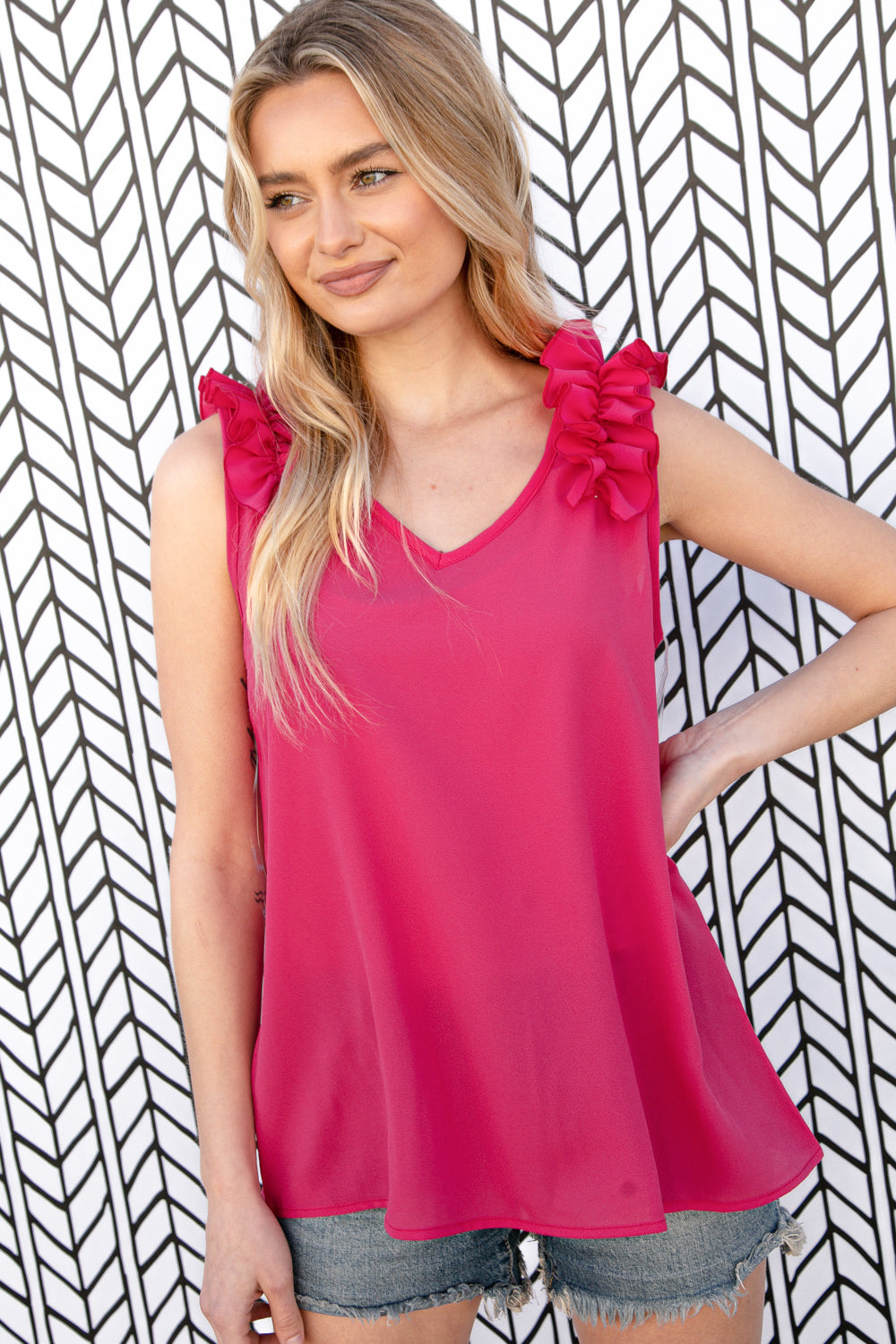 Fuchsia Frill Shoulder Sleeveless Crepe Woven Top - Luxe Mod 