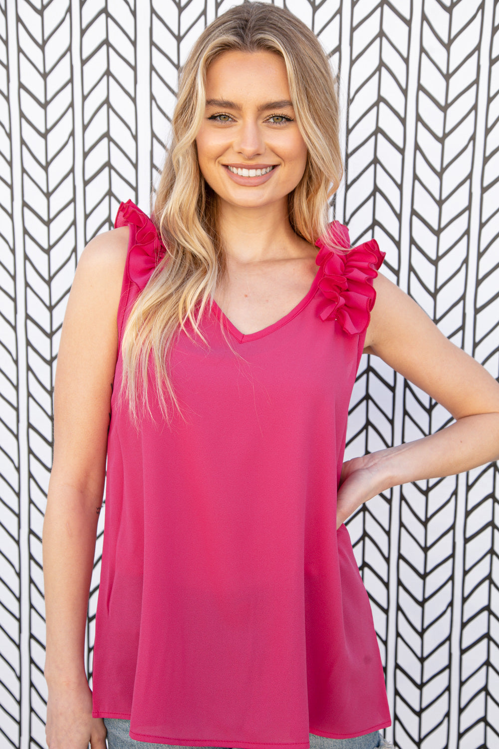 Fuchsia Frill Shoulder Sleeveless Crepe Woven Top - Luxe Mod 