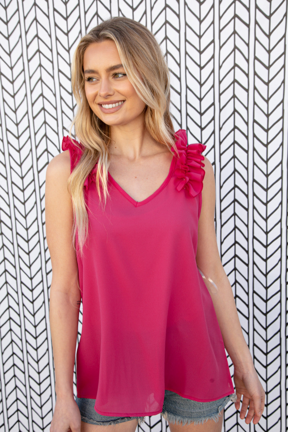 Fuchsia Frill Shoulder Sleeveless Crepe Woven Top - Luxe Mod 