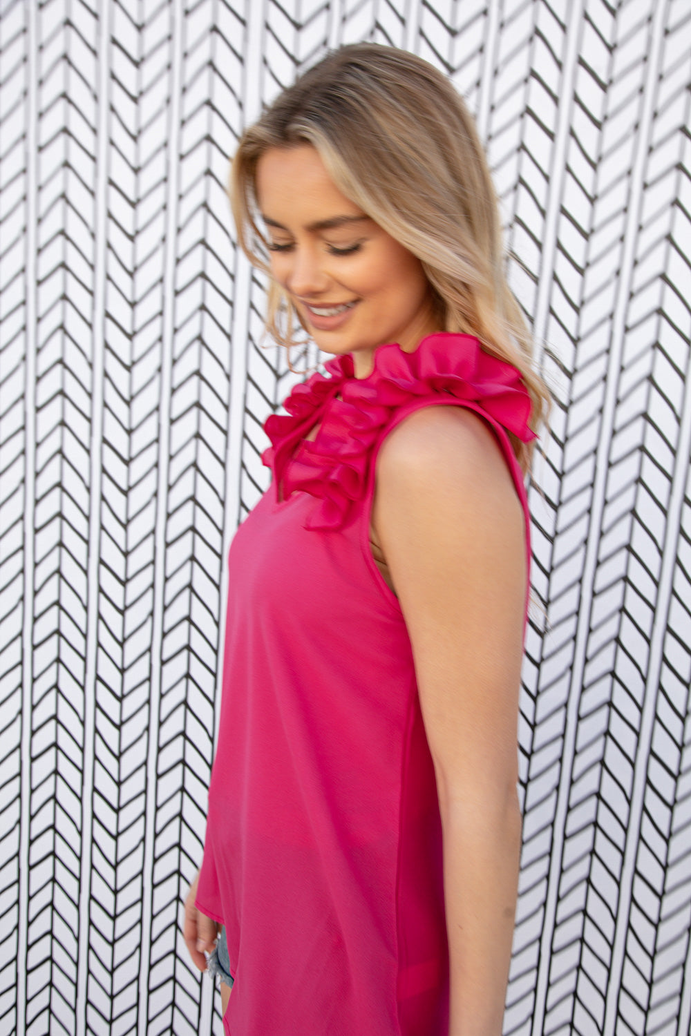 Fuchsia Frill Shoulder Sleeveless Crepe Woven Top - Luxe Mod 