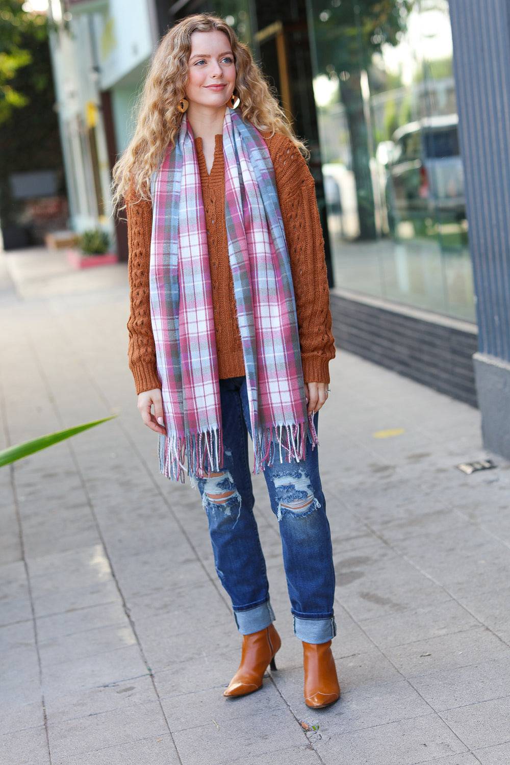 Keep Me Cozy Blue & Light Burgundy Plaid Fringe Scarf