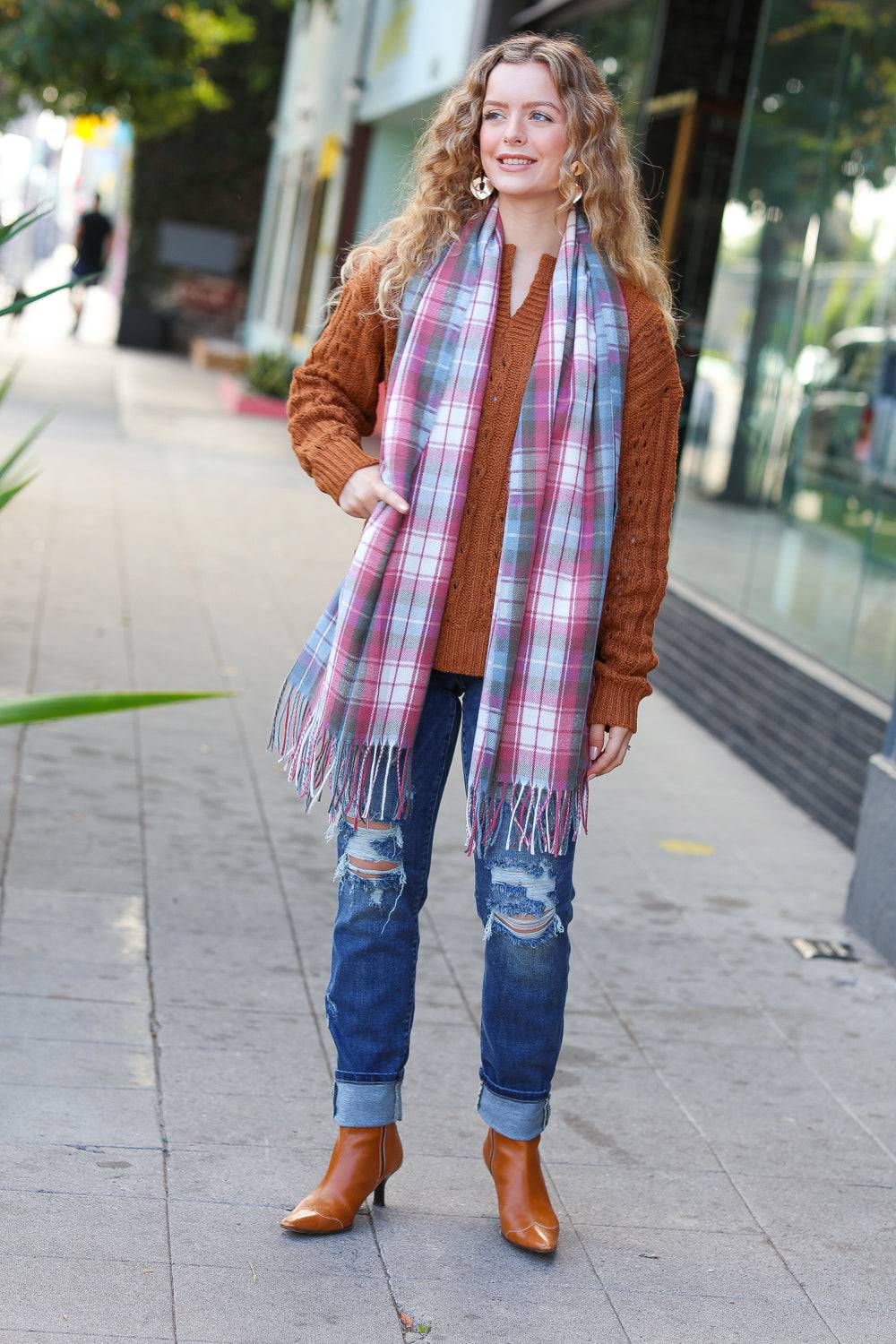 Keep Me Cozy Blue & Light Burgundy Plaid Fringe Scarf