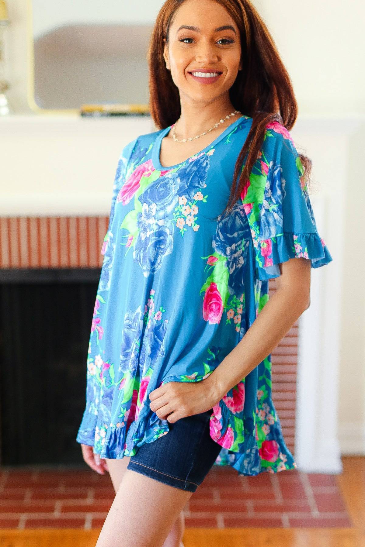 Feeling Playful Blue Floral Ruffle Sleeve & Hem Tunic Top - Luxe Mod 