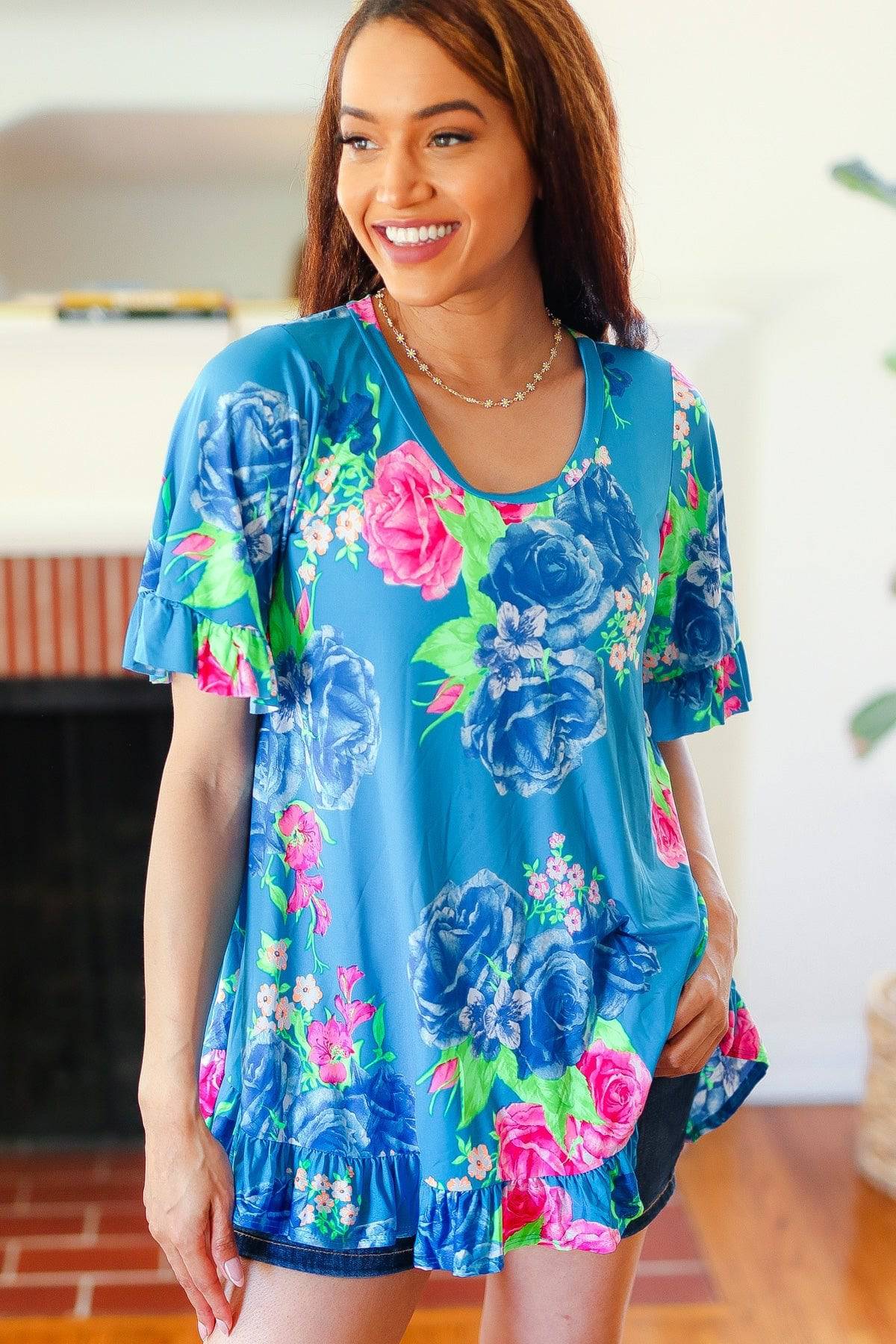 Feeling Playful Blue Floral Ruffle Sleeve & Hem Tunic Top - Luxe Mod 