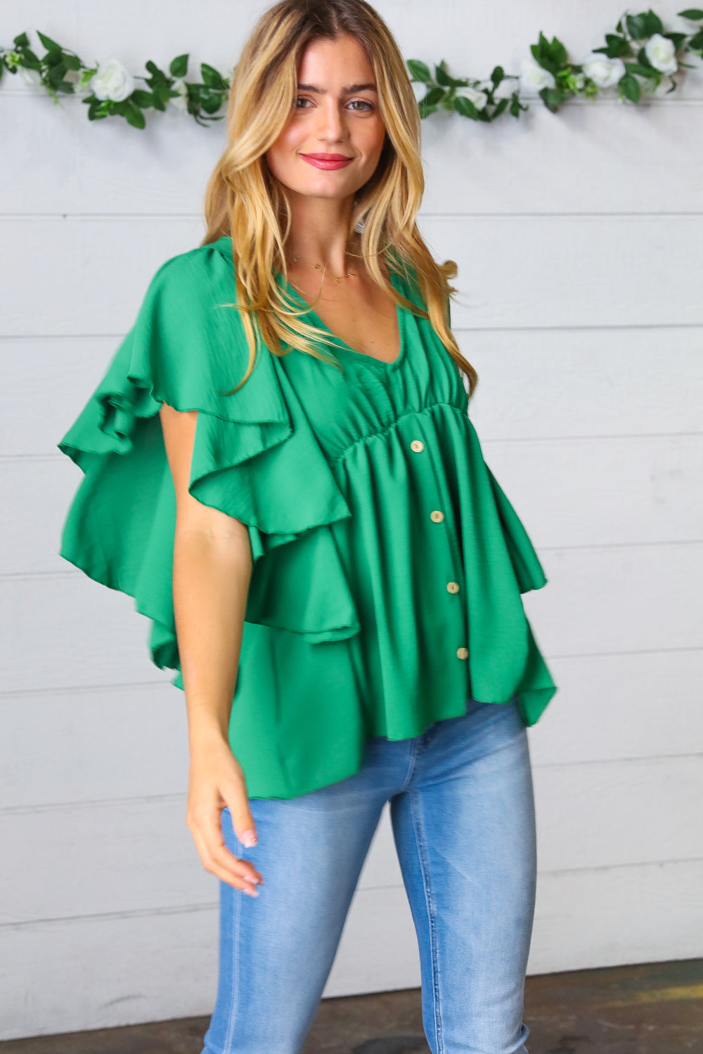 Sea Green Button Ruffle Woven Top - Luxe Mod 