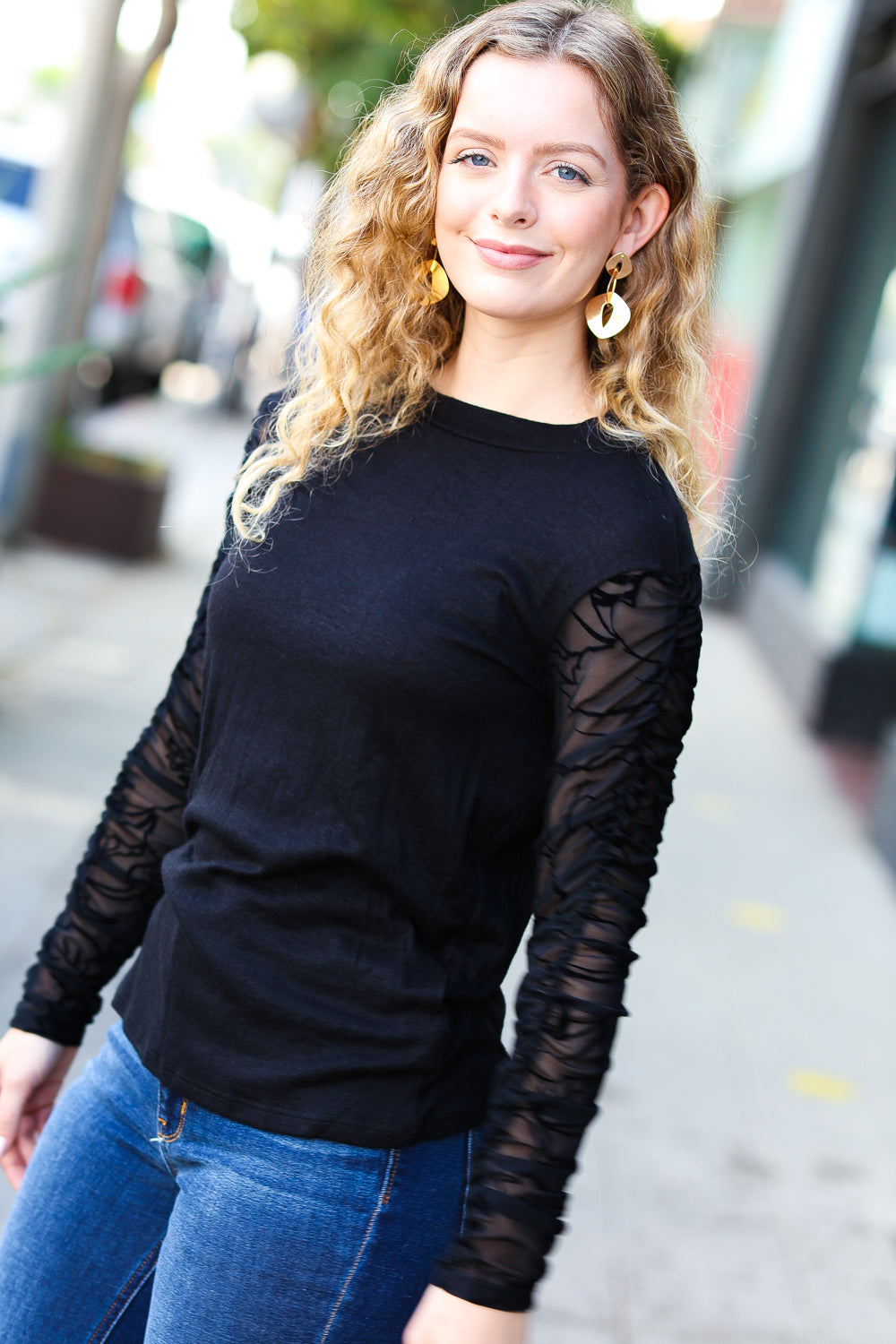 Can't Help But Love Black Shirred Velvet Mesh Blouse - Luxe Mod 