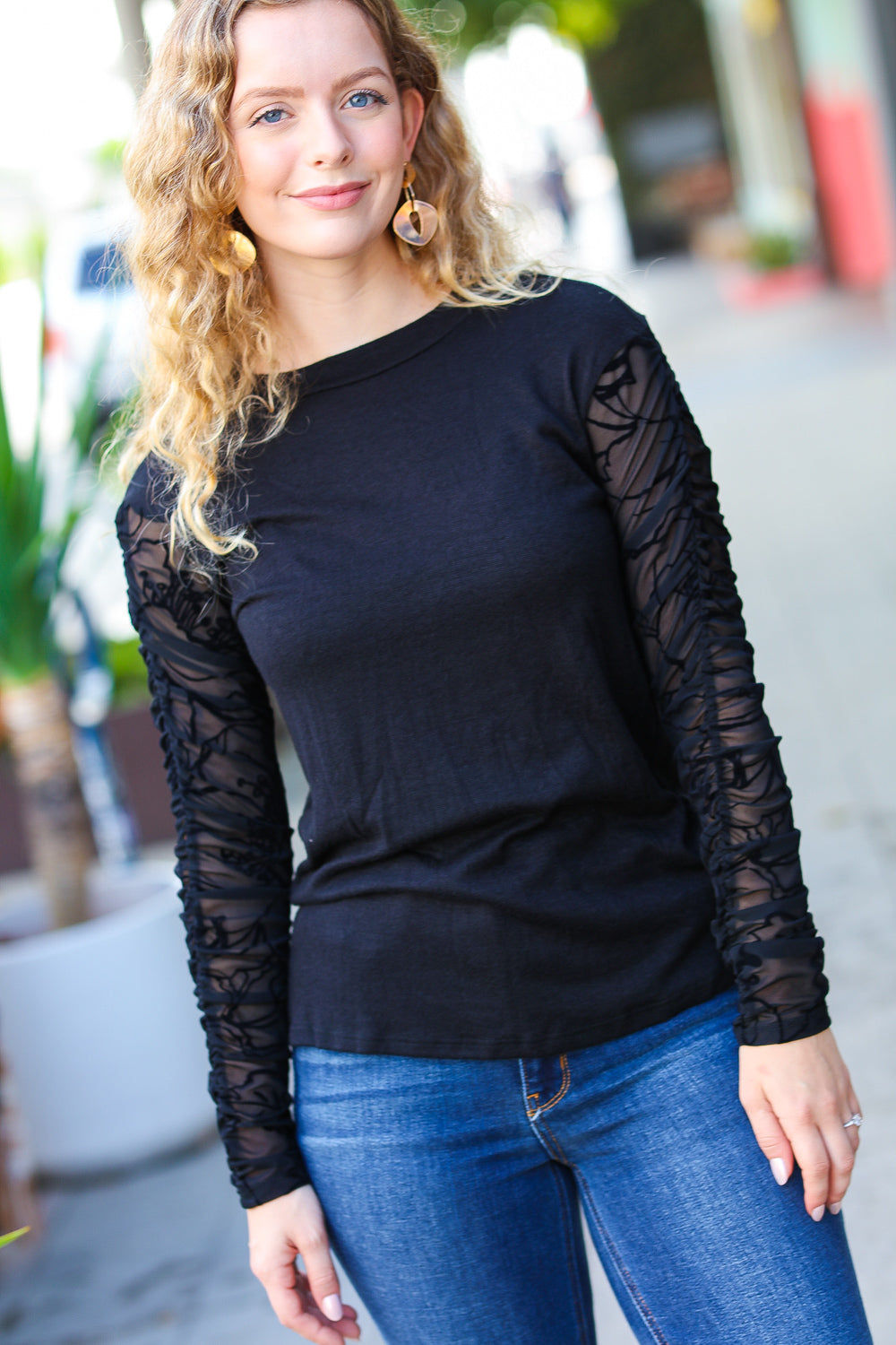 Can't Help But Love Black Shirred Velvet Mesh Blouse - Luxe Mod 