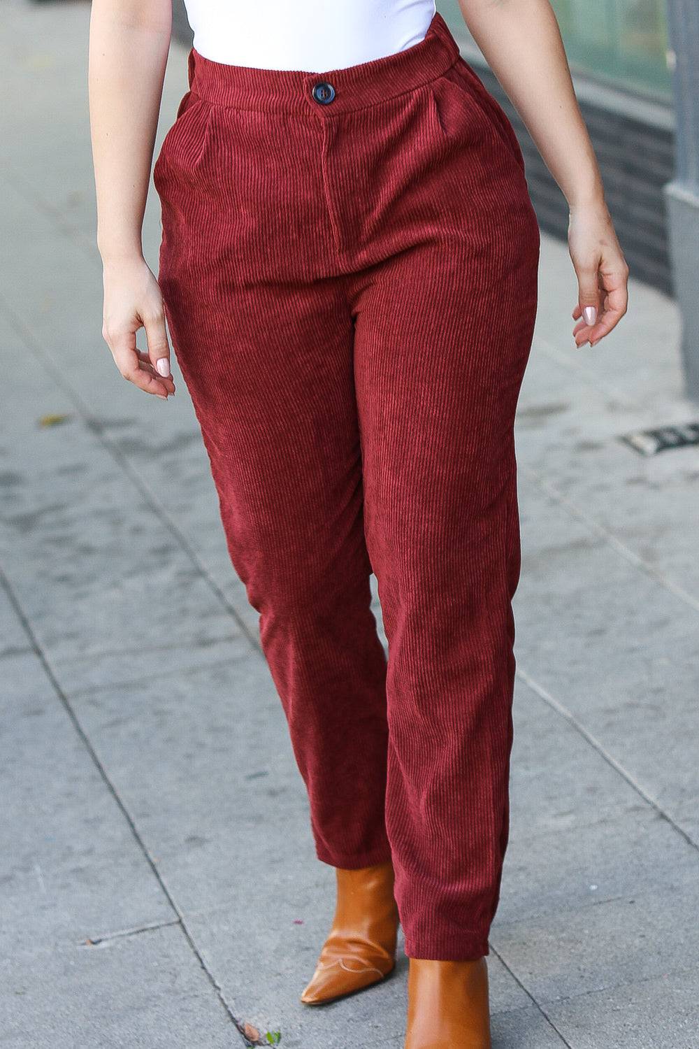 Going Your Way Burgundy Corduroy High Rise Tapered Pants - Luxe Mod 