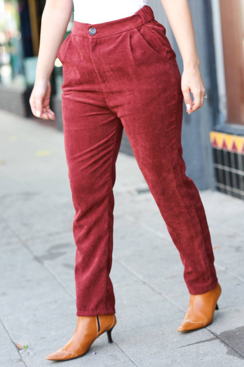 Going Your Way Burgundy Corduroy High Rise Tapered Pants - Luxe Mod 