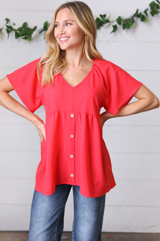 Cherry Red Babydoll Button Down Raglan Woven Top - Luxe Mod 