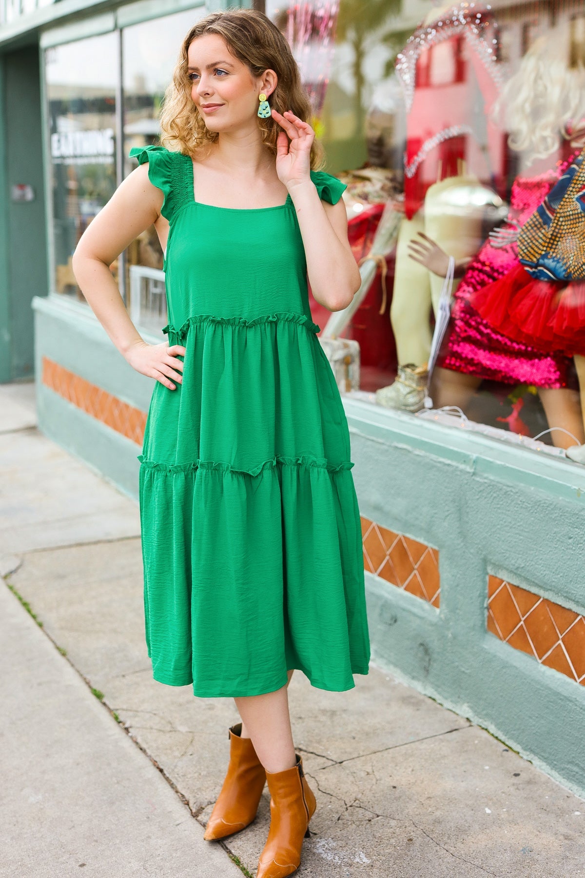 Lots To Love Kelly Green Smocked Flutter Sleeve Tiered Midi Dress - Luxe Mod 