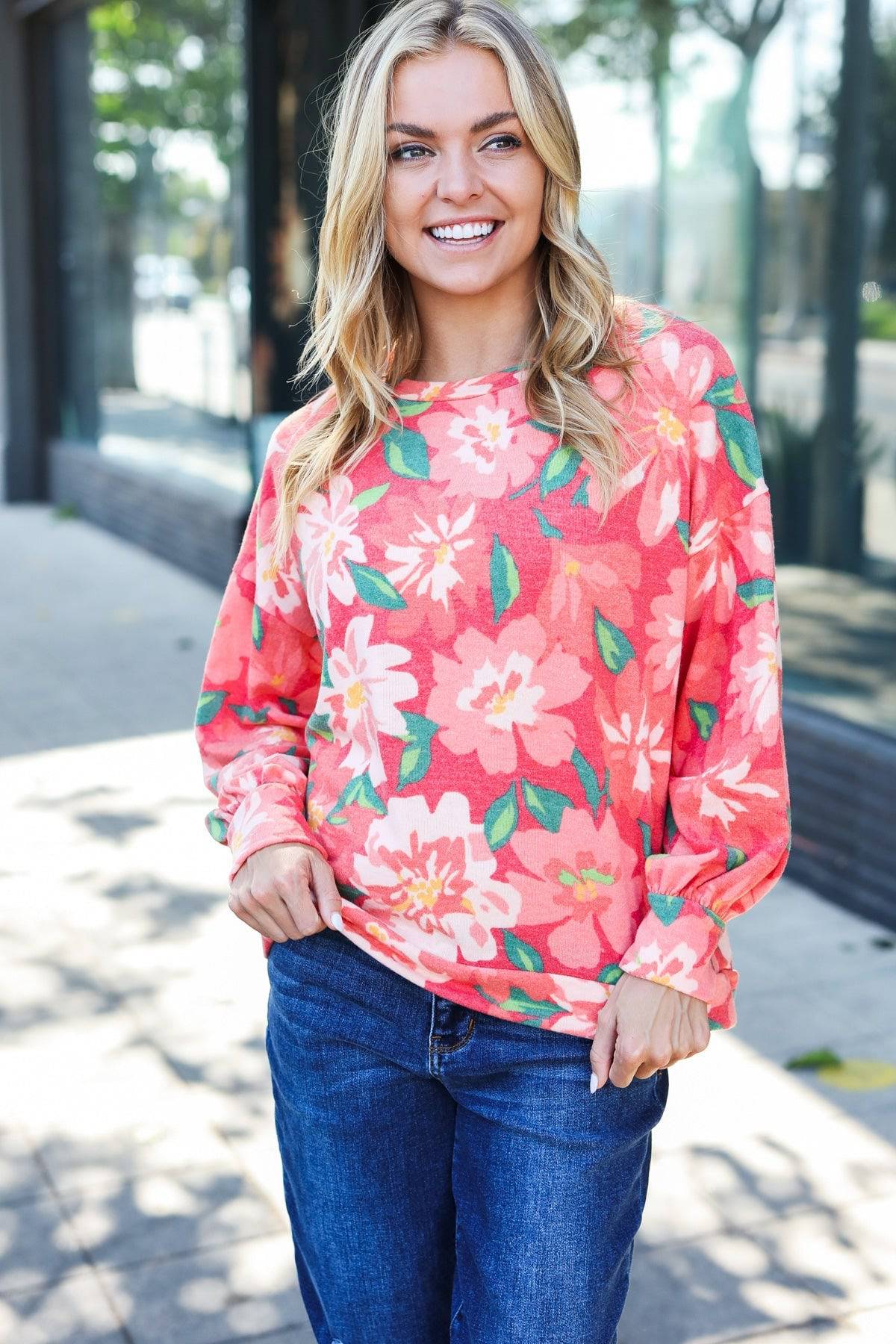 Feeling Femme Red Floral Brushed Hacci Sweater Top - Luxe Mod 