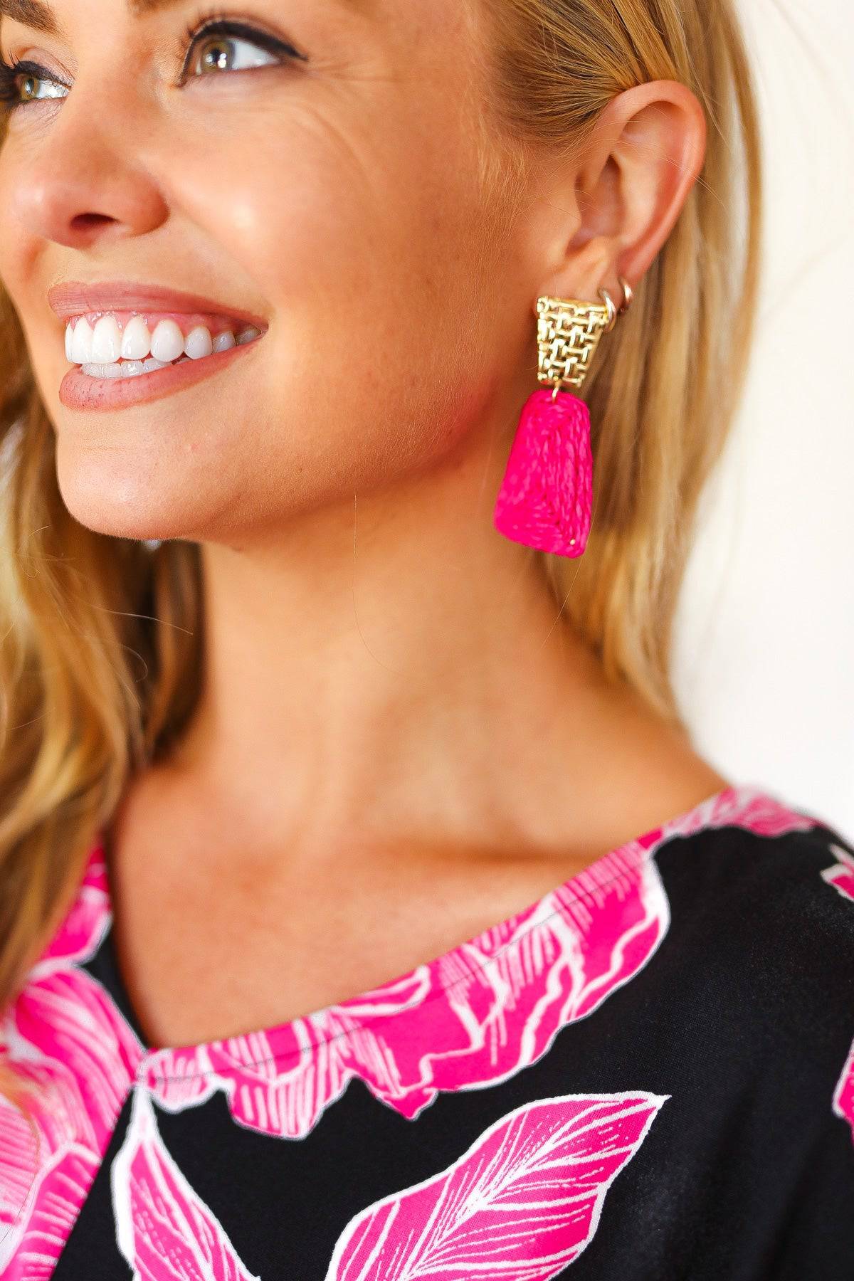 Fuchsia & Gold Geometric Raffia Woven Earrings - Luxe Mod 