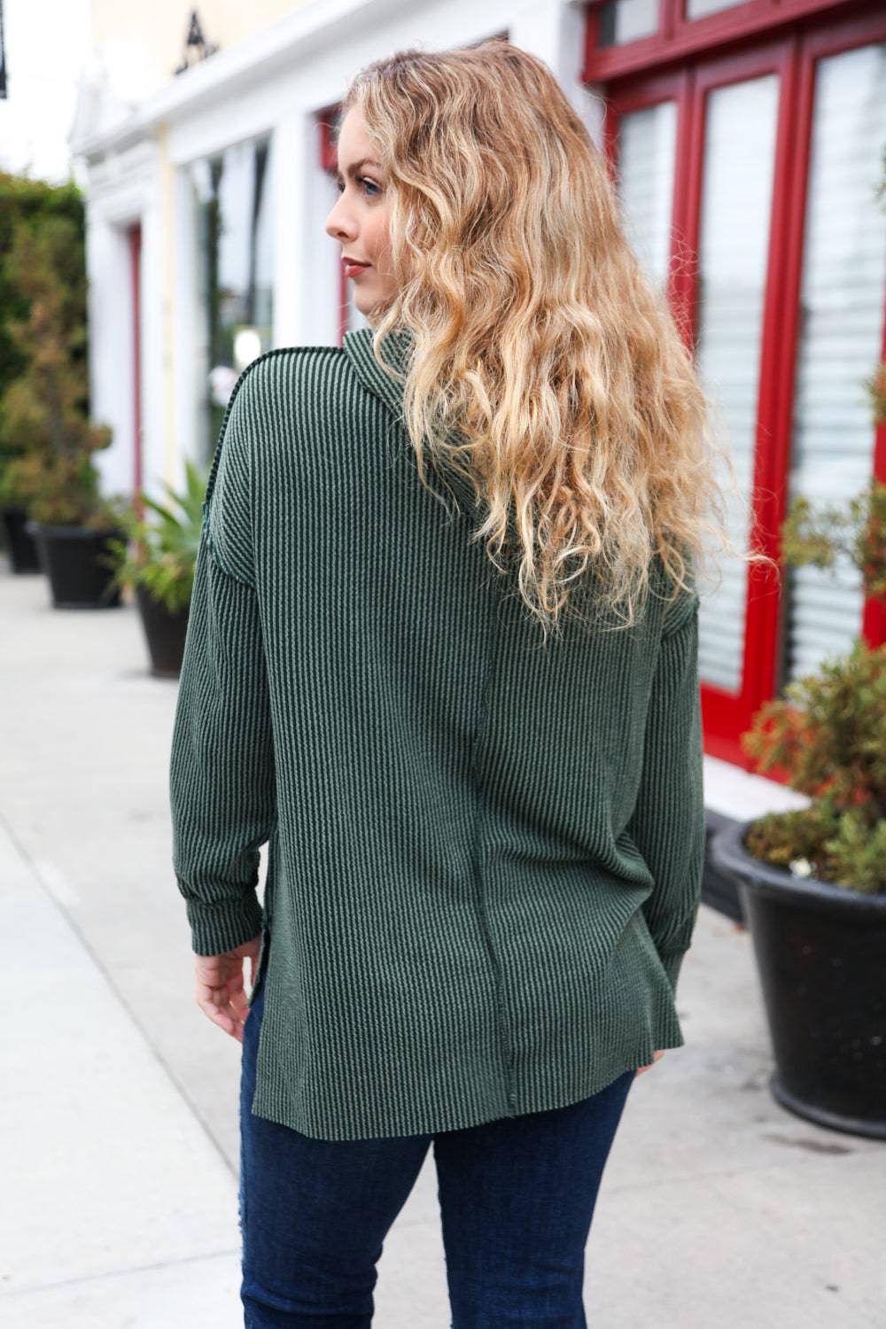 A New Day Forest Green Mineral Wash Rib Knit Hoodie - Luxe Mod 