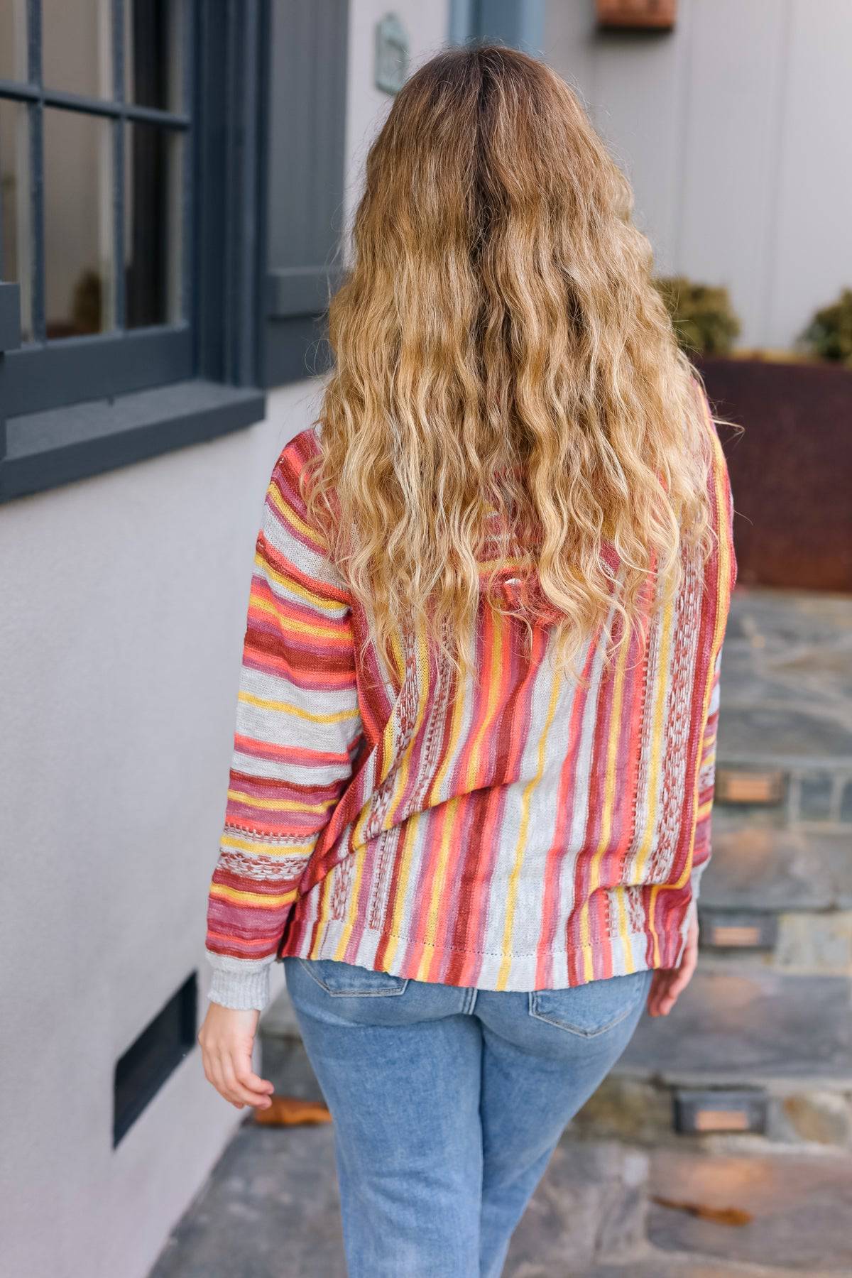 Be Bold Coral & Sienna Stripe Pullover Notched Neck Hoodie - Luxe Mod 