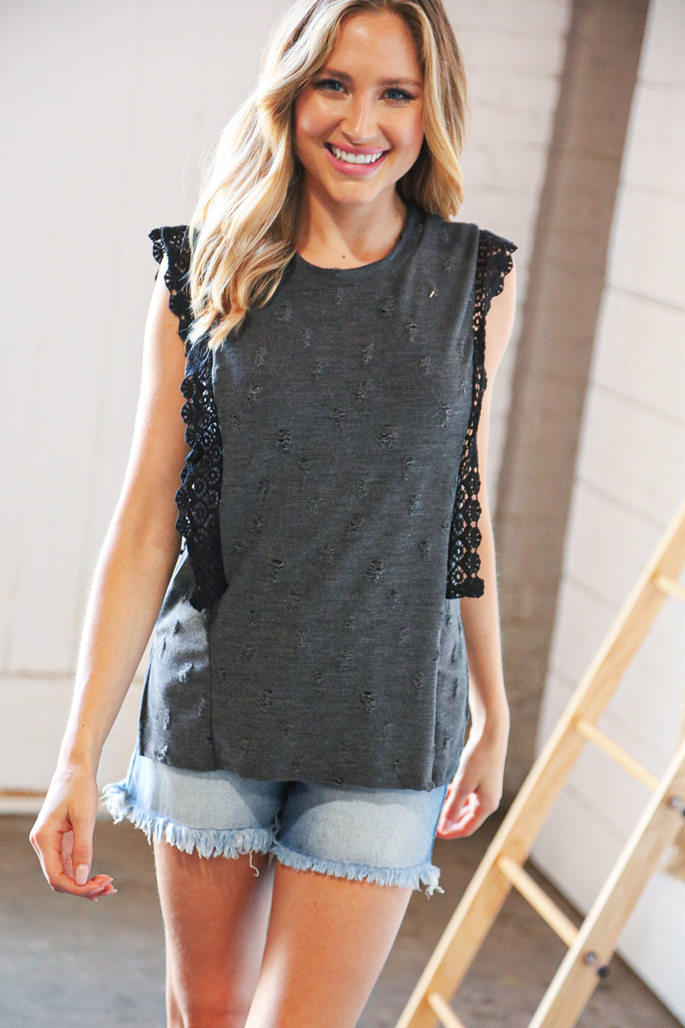 Charcoal Distressed Sleeveless Crochet Lace Top - Luxe Mod 