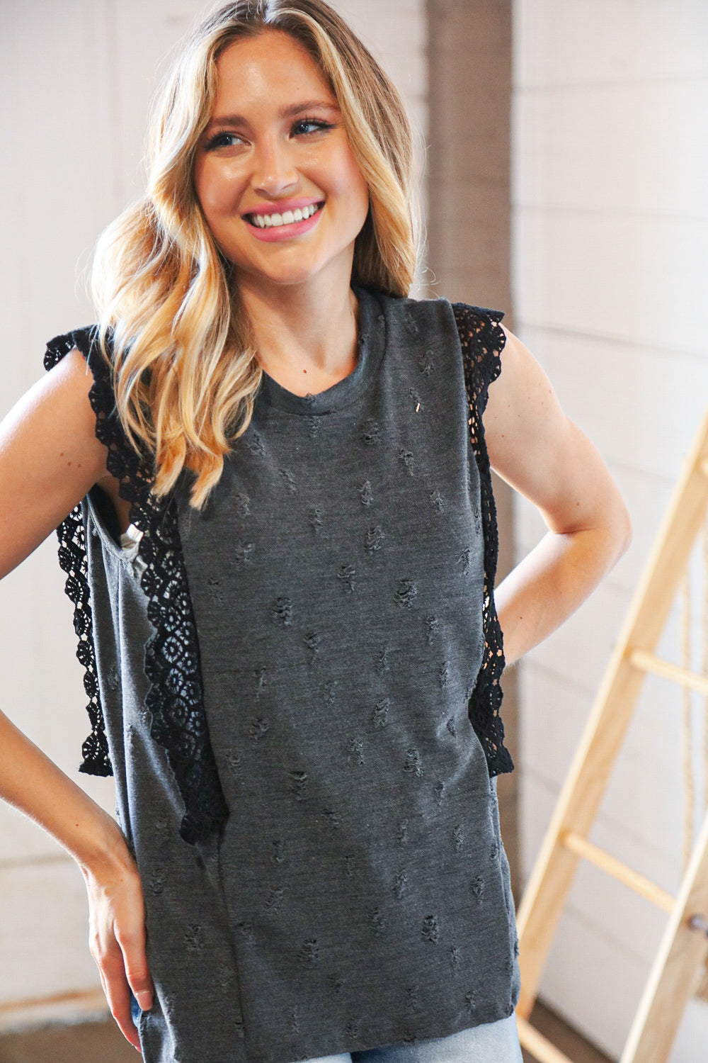 Charcoal Distressed Sleeveless Crochet Lace Top - Luxe Mod 