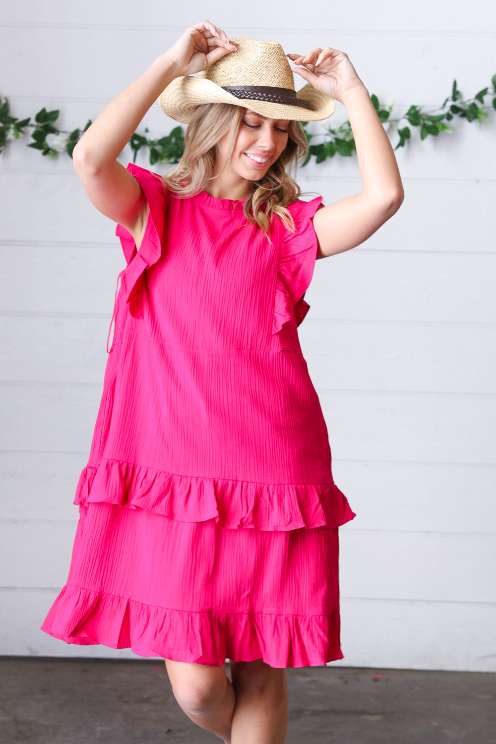 French Rose Tiered Ruffle Crinkle Dress - Luxe Mod 