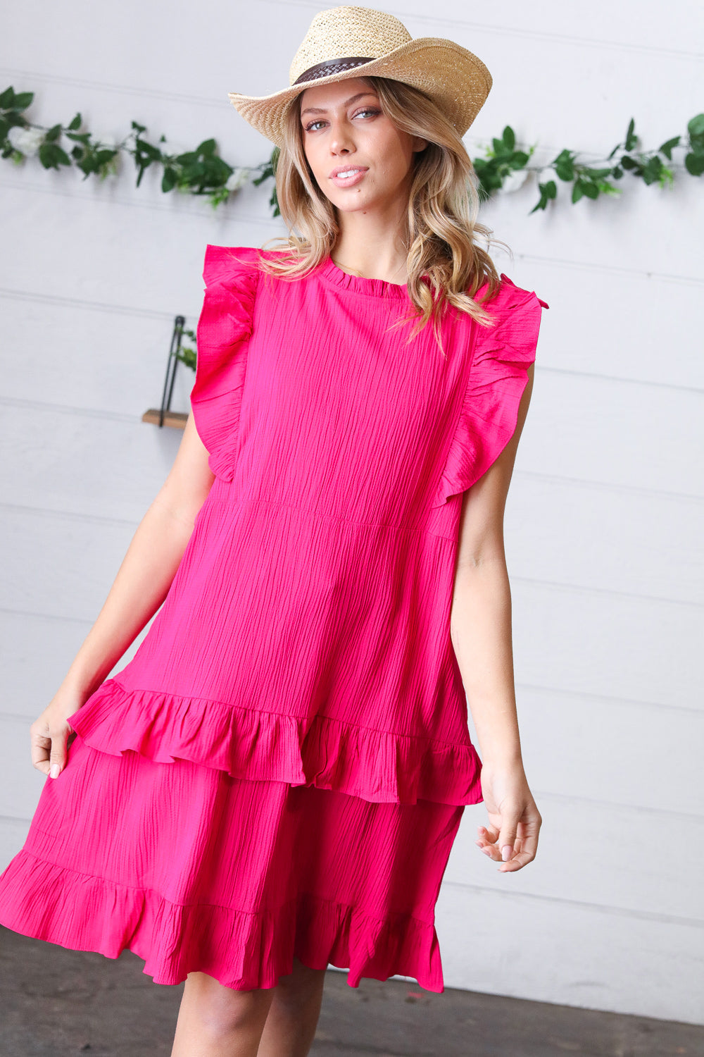 French Rose Tiered Ruffle Crinkle Dress - Luxe Mod 