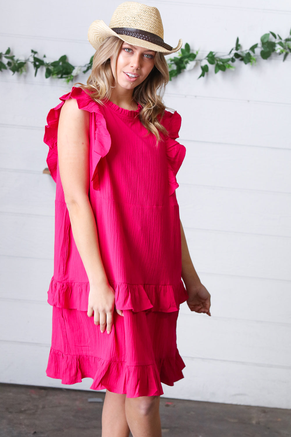 French Rose Tiered Ruffle Crinkle Dress - Luxe Mod 