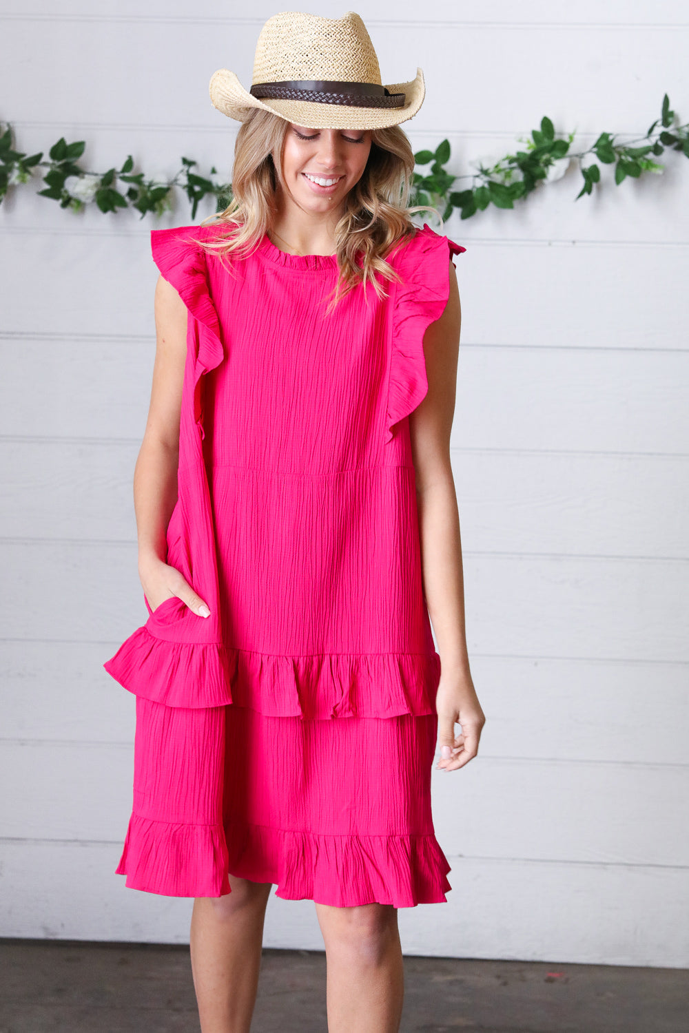 French Rose Tiered Ruffle Crinkle Dress - Luxe Mod 