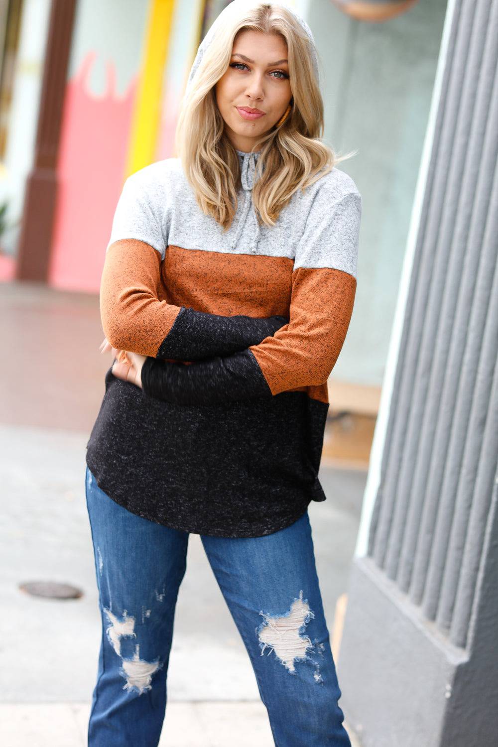 Heather Grey & Rust Color Block Hoodie Top - Luxe Mod 