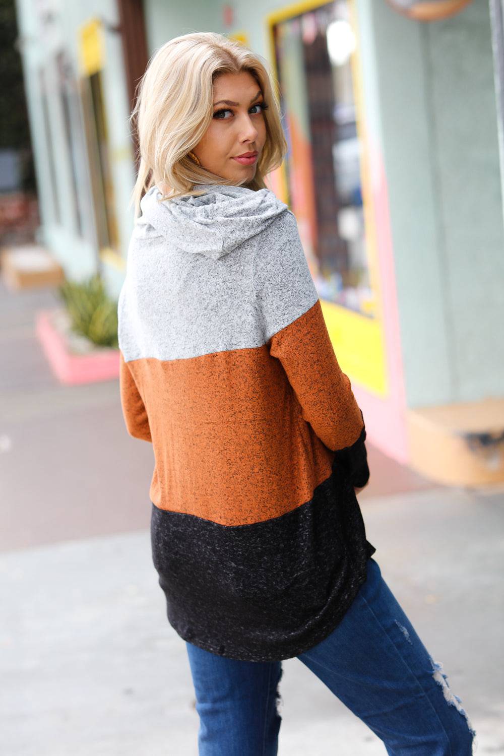 Heather Grey & Rust Color Block Hoodie Top - Luxe Mod 