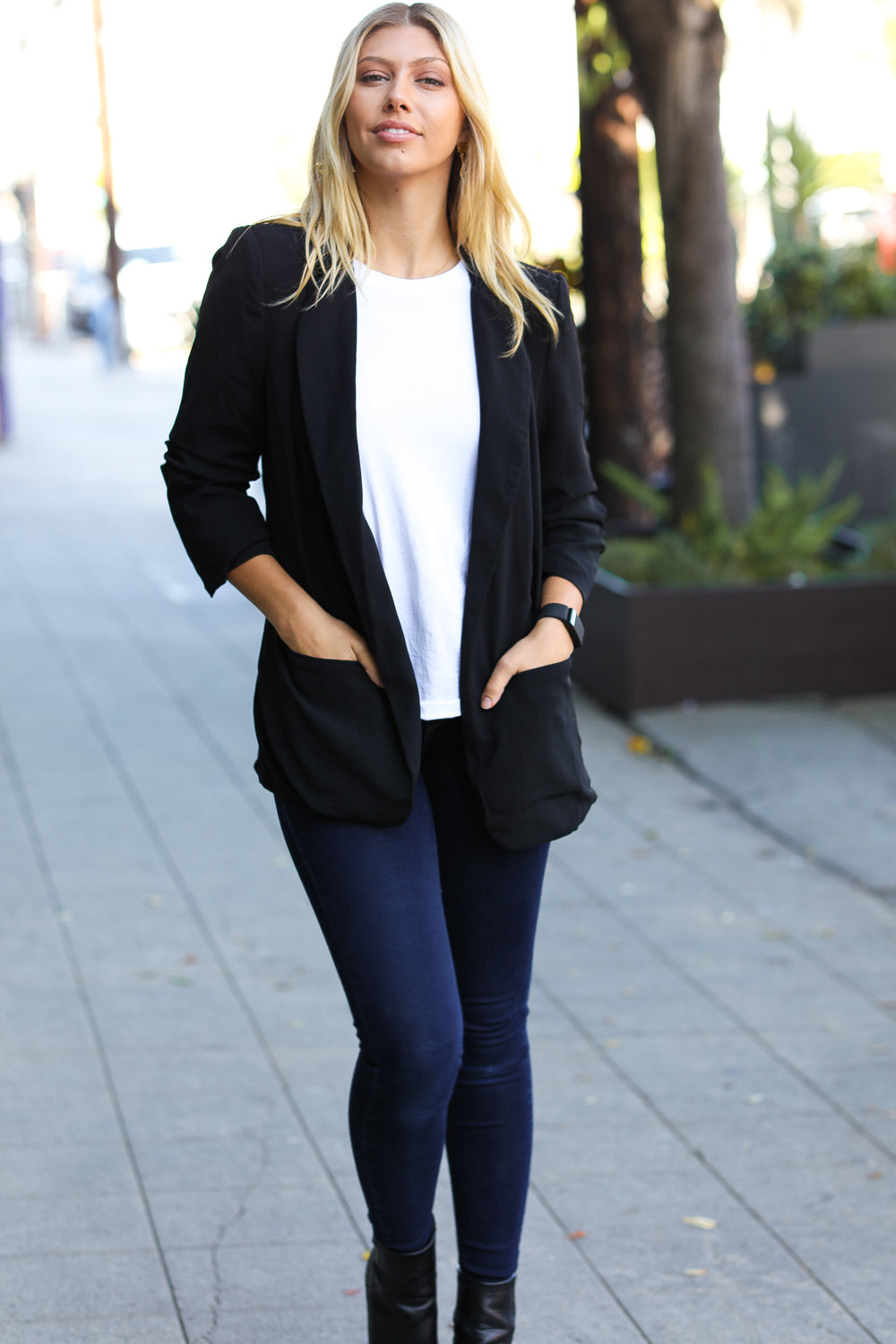 More To Love Black Notched Lapel Ruched Sleeve Blazer