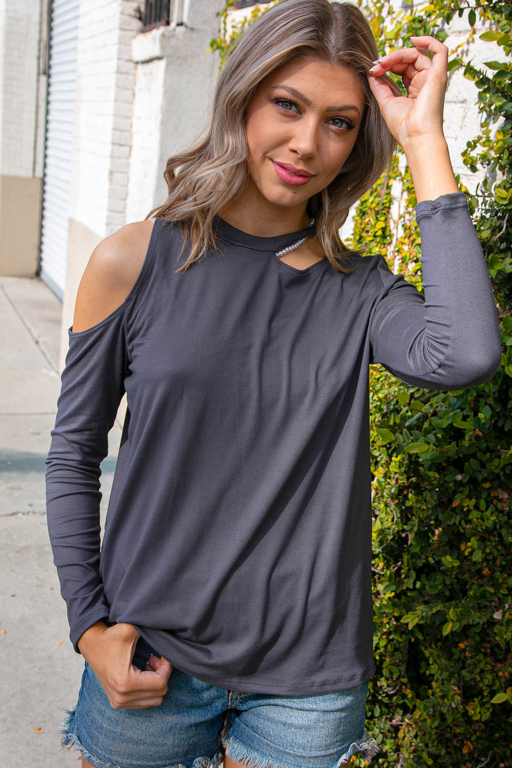 Cement Cold Shoulder Cut Out Long Knit Top - Luxe Mod 