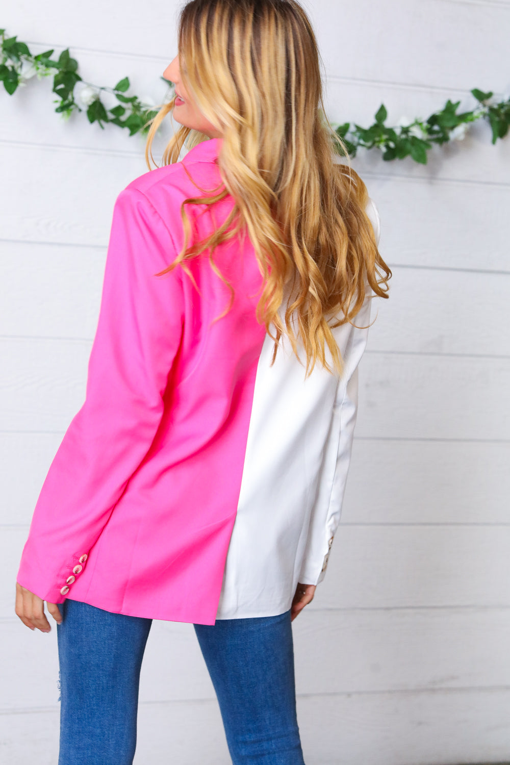 Fuchsia & Cream Silky Half & Half Buttoned Blazer