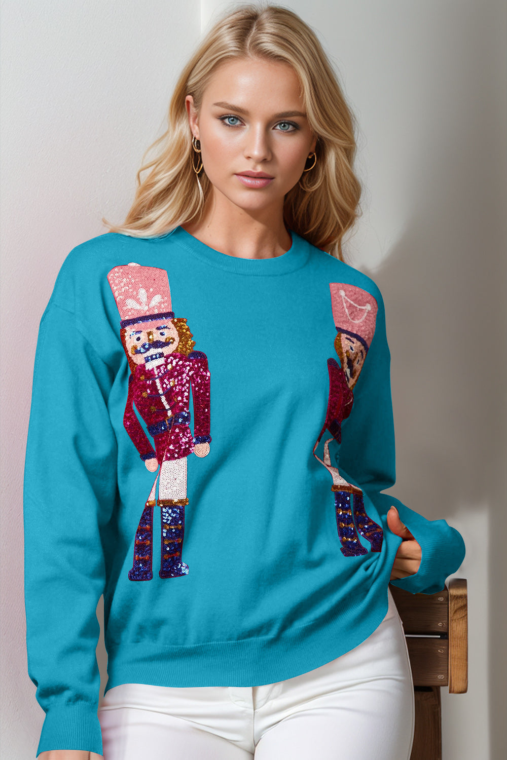 Double Take Full Size Nutcracker Sequin Long Sleeve Sweater - Luxe Mod 