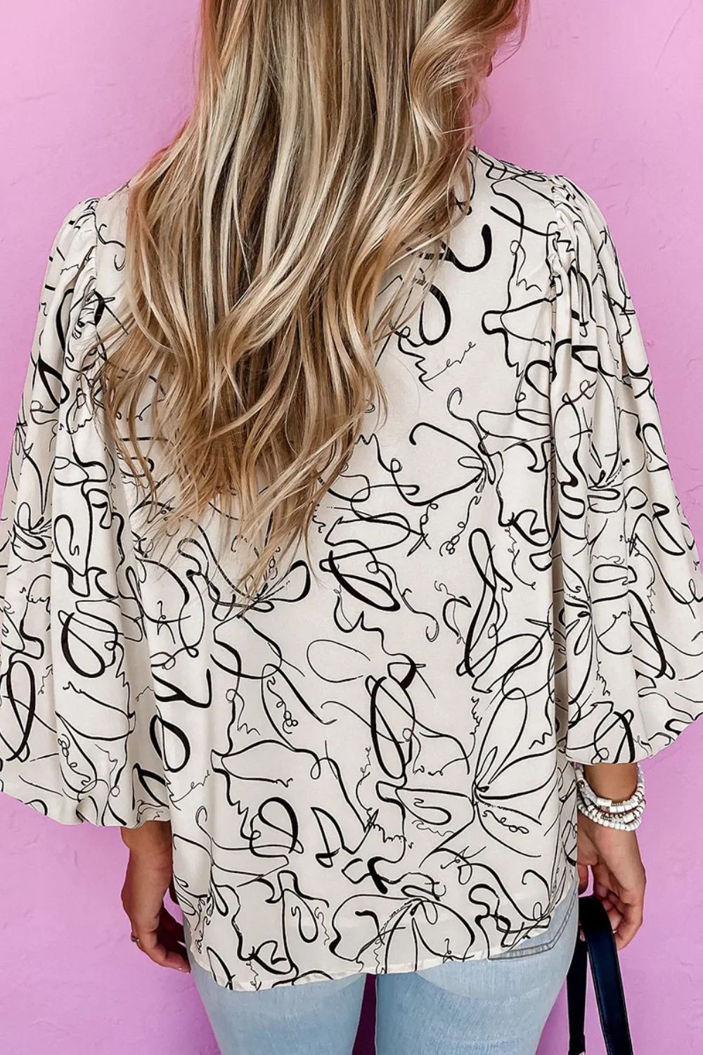 Printed Round Neck Three-Quarter Sleeve Blouse - Luxe Mod 