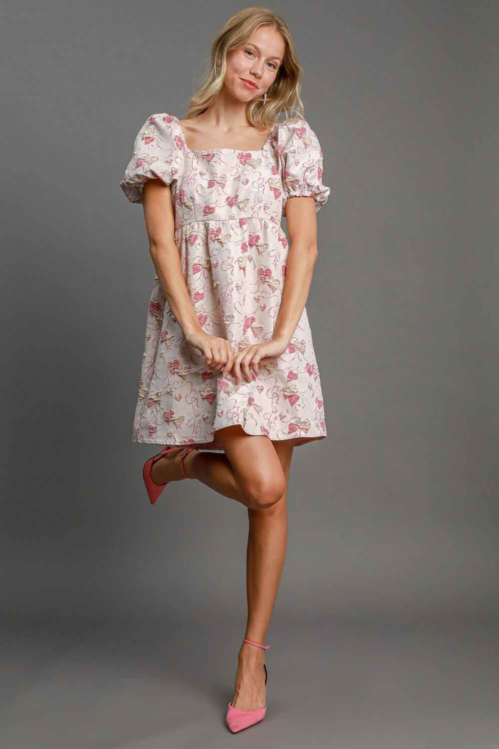 Umgee Heart Jacquard Square Neck Puff Sleeve Mini Dress