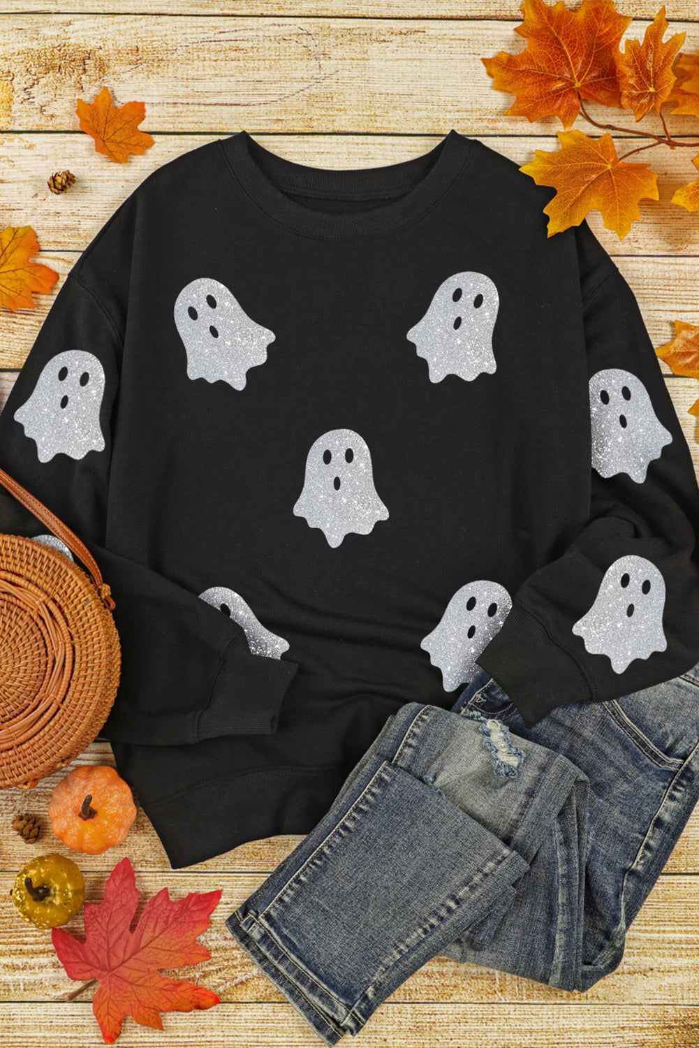 Black Glitter Ghost Pattern Crew Neck Halloween Sweatshirt - Luxe Mod 