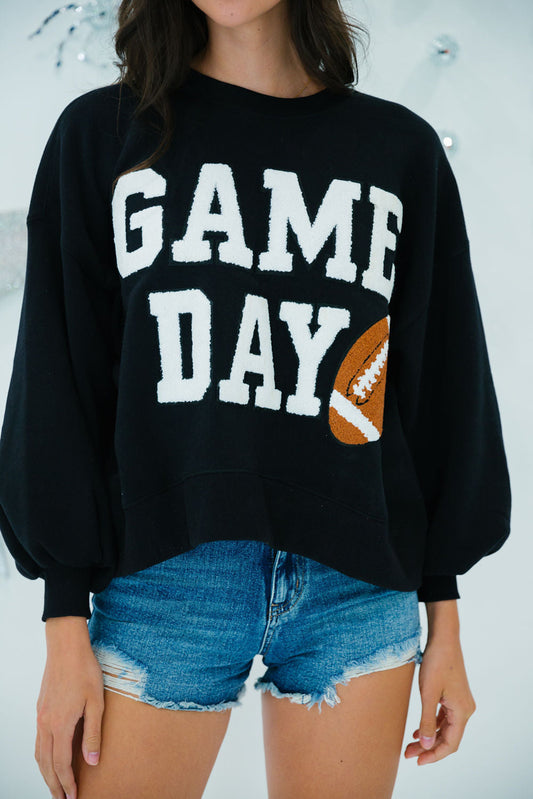 Black GAME DAY Graphic Varsity Pullover Sweatshirt - Luxe Mod 